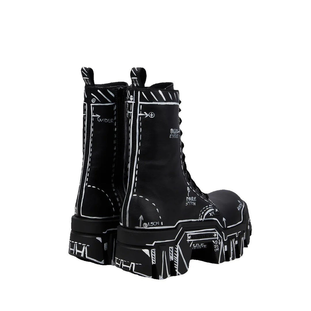BALENCIAGA BULLDOZER LACE UP BOOTS BLACK WITH WHITE SKETCH PRINT